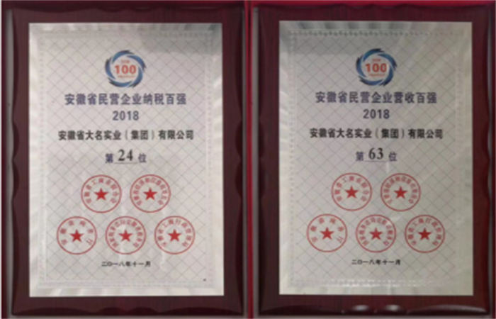 2018年安徽省民營企業(yè)百強，安徽省大名實業(yè)（集團）有限公司榜上有名
